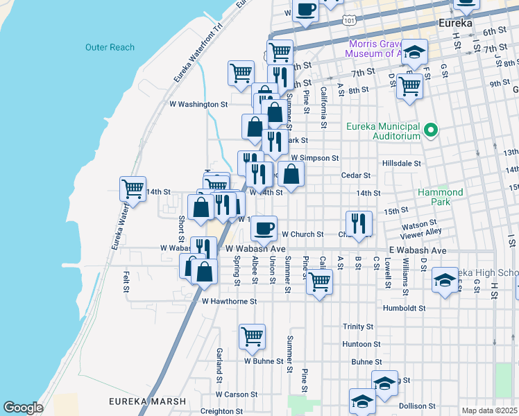 map of restaurants, bars, coffee shops, grocery stores, and more near 1437 Albee Street in Eureka