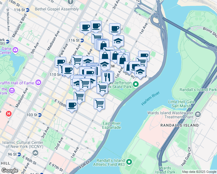 map of restaurants, bars, coffee shops, grocery stores, and more near 337 East 112th Street in New York