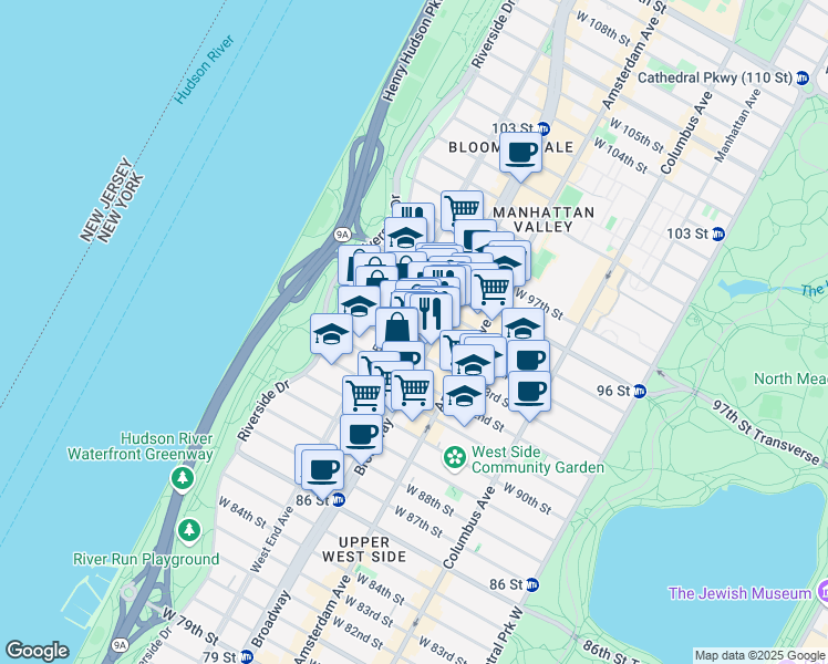 map of restaurants, bars, coffee shops, grocery stores, and more near 250 West 94th Street in New York