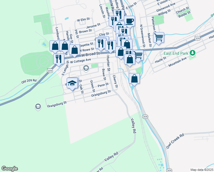 map of restaurants, bars, coffee shops, grocery stores, and more near 218 Bowe Street in Tamaqua