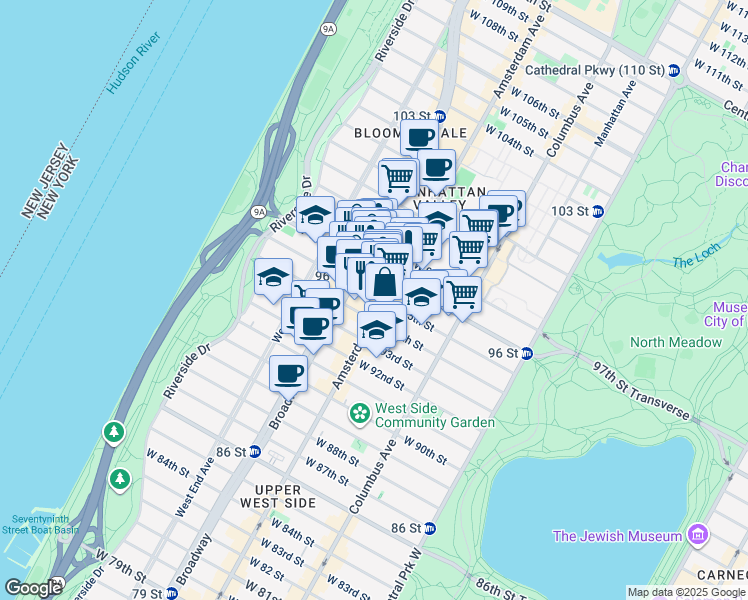 map of restaurants, bars, coffee shops, grocery stores, and more near 200 West 95th Street in New York