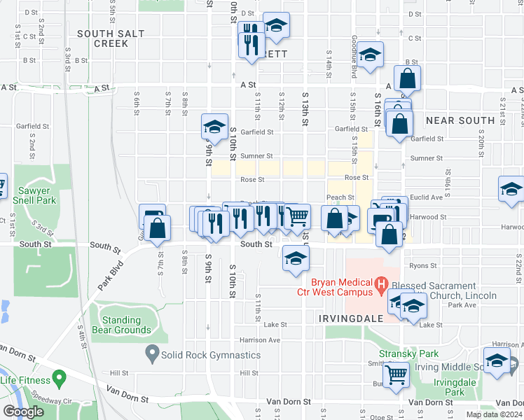 map of restaurants, bars, coffee shops, grocery stores, and more near 1908 South 11th Street in Lincoln