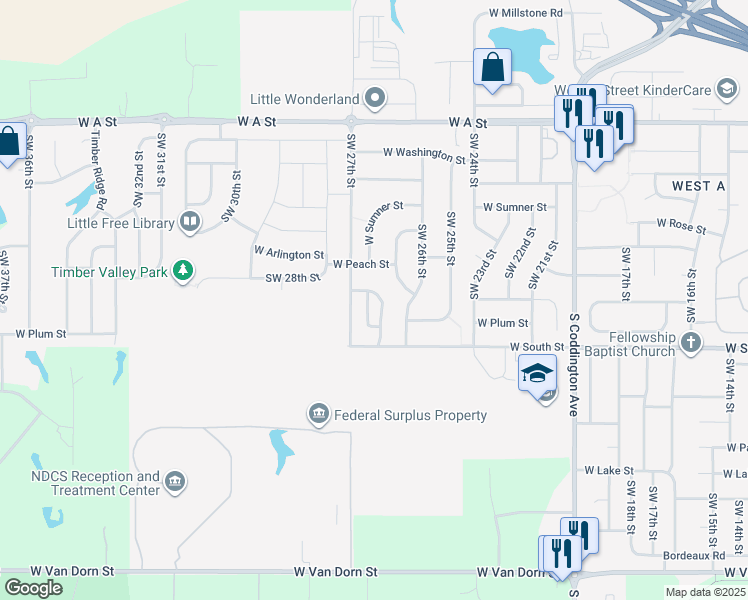 map of restaurants, bars, coffee shops, grocery stores, and more near 1950 Southwest 27th Street in Lincoln