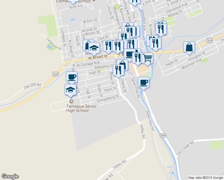 map of restaurants, bars, coffee shops, grocery stores, and more near 130 Penn Street in Tamaqua