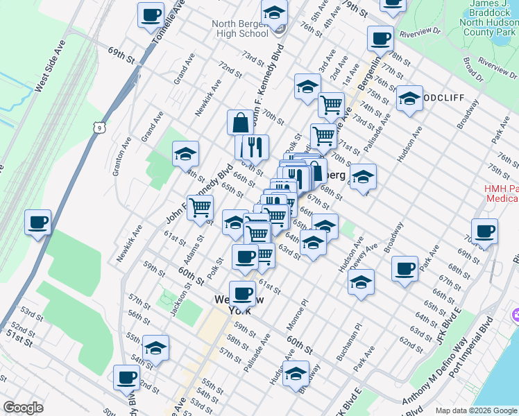 map of restaurants, bars, coffee shops, grocery stores, and more near 6518 Polk Street in West New York