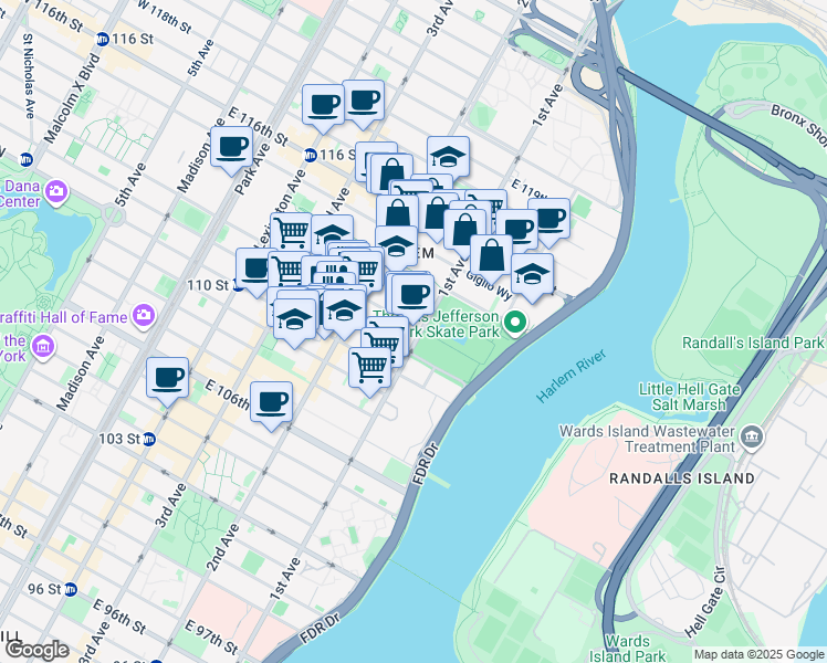map of restaurants, bars, coffee shops, grocery stores, and more near 337 East 112th Street in New York