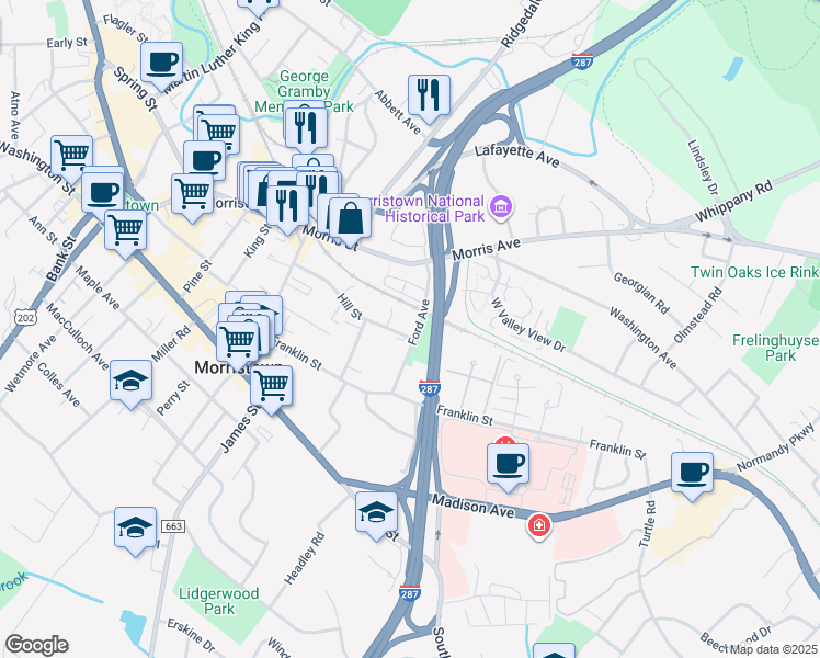map of restaurants, bars, coffee shops, grocery stores, and more near 70-74 Hillside Terrace in Morristown