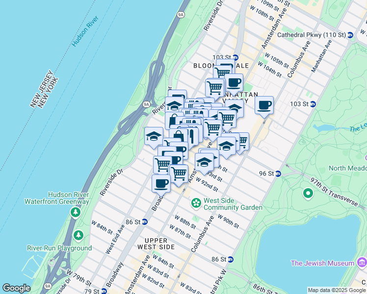 map of restaurants, bars, coffee shops, grocery stores, and more near 252 West 94th Street in New York