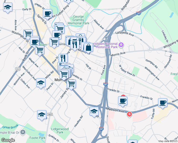 map of restaurants, bars, coffee shops, grocery stores, and more near 45 Hill Street in Morristown