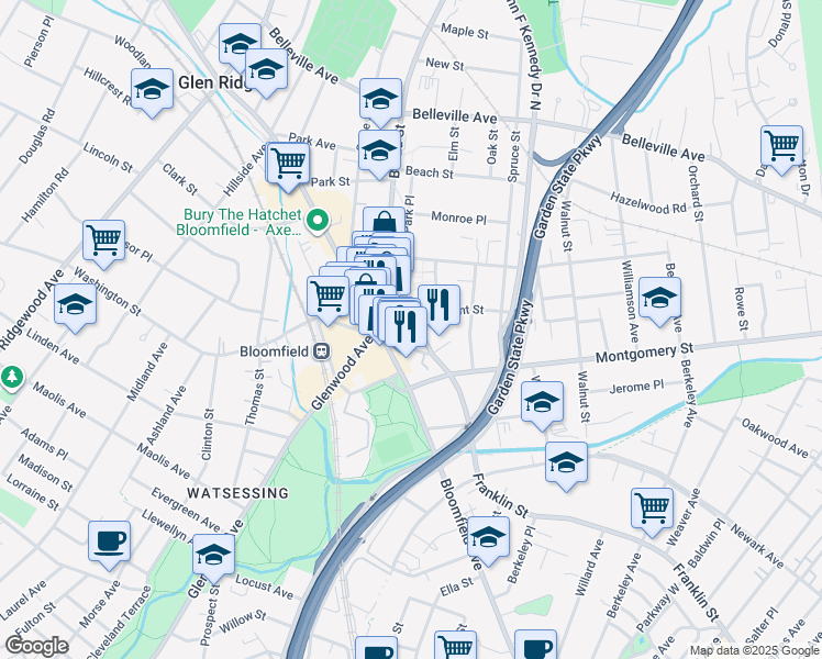 map of restaurants, bars, coffee shops, grocery stores, and more near 75 Fremont Street in Bloomfield