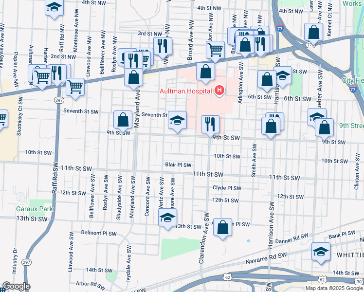 map of restaurants, bars, coffee shops, grocery stores, and more near 920 Forest Avenue Southwest in Canton