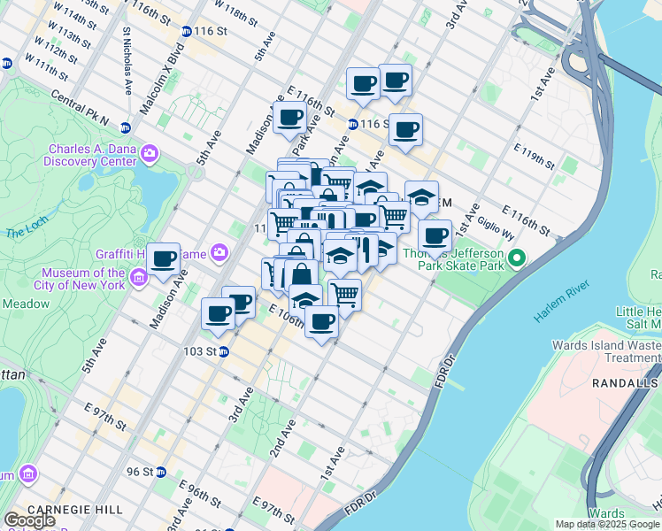 map of restaurants, bars, coffee shops, grocery stores, and more near in New York