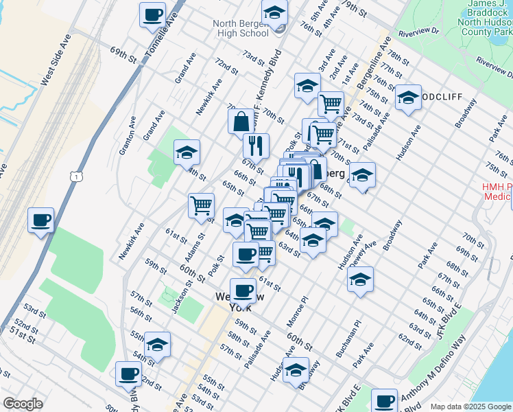 map of restaurants, bars, coffee shops, grocery stores, and more near 6518 Polk Street in West New York