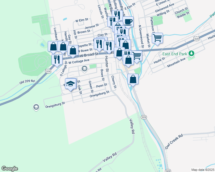 map of restaurants, bars, coffee shops, grocery stores, and more near 205 Bowe Street in Tamaqua
