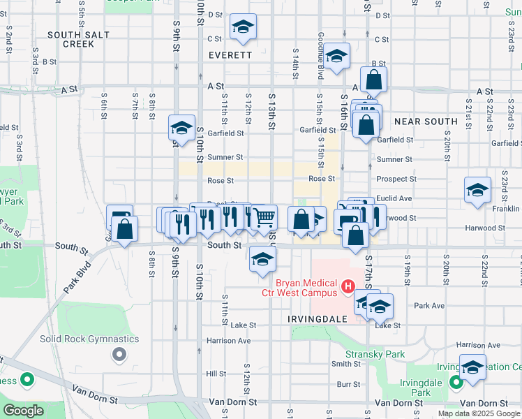 map of restaurants, bars, coffee shops, grocery stores, and more near 1235 Peach Street in Lincoln