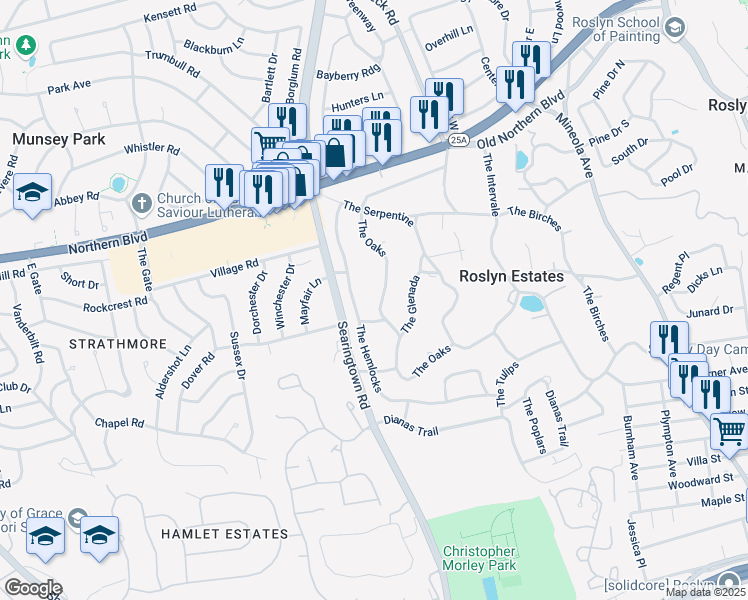 map of restaurants, bars, coffee shops, grocery stores, and more near 38 The Oaks in Roslyn