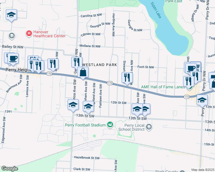 map of restaurants, bars, coffee shops, grocery stores, and more near 3830 Lincoln Way East in Massillon
