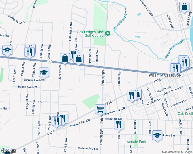 map of restaurants, bars, coffee shops, grocery stores, and more near 1820 Woodruff Avenue Northwest in Massillon