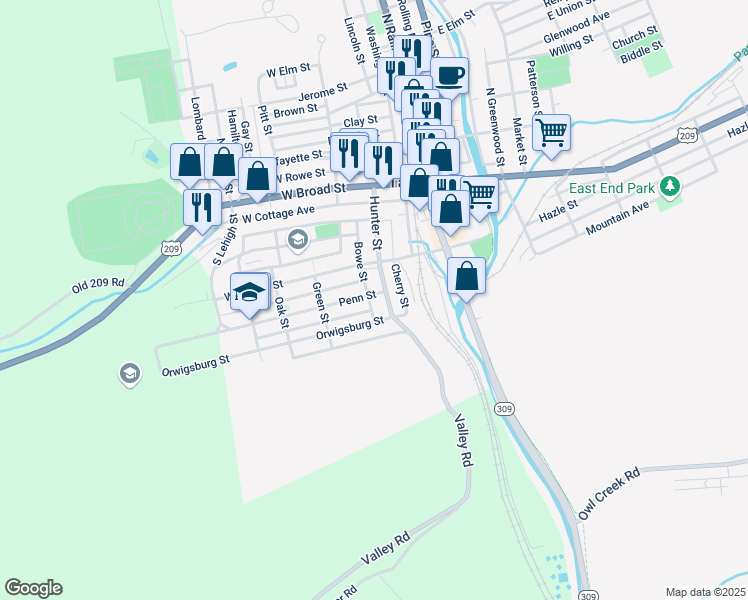 map of restaurants, bars, coffee shops, grocery stores, and more near 205 Bowe Street in Tamaqua