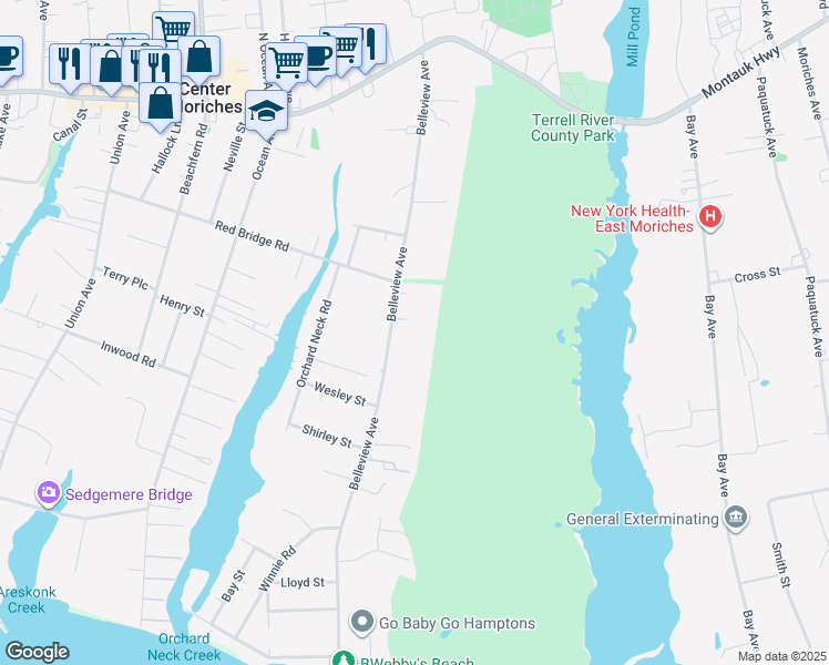 map of restaurants, bars, coffee shops, grocery stores, and more near 91 Belleview Avenue in Center Moriches