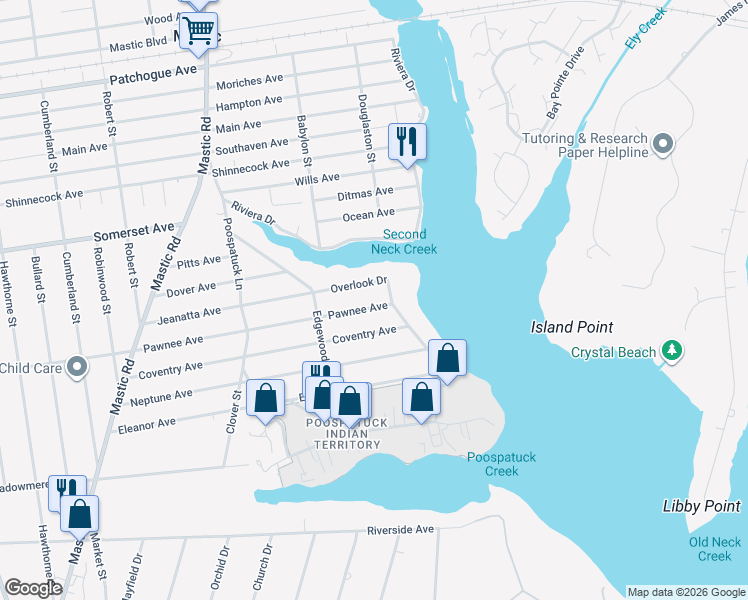 map of restaurants, bars, coffee shops, grocery stores, and more near 261 Pawnee Avenue in Mastic