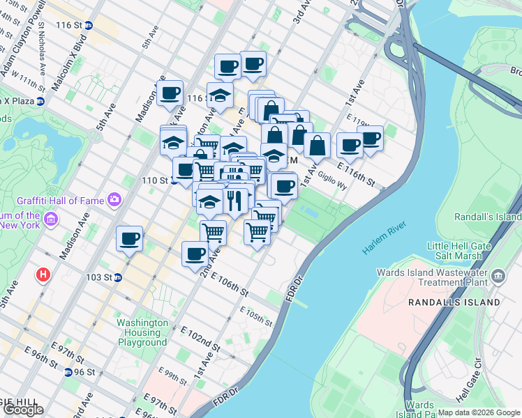 map of restaurants, bars, coffee shops, grocery stores, and more near in New York