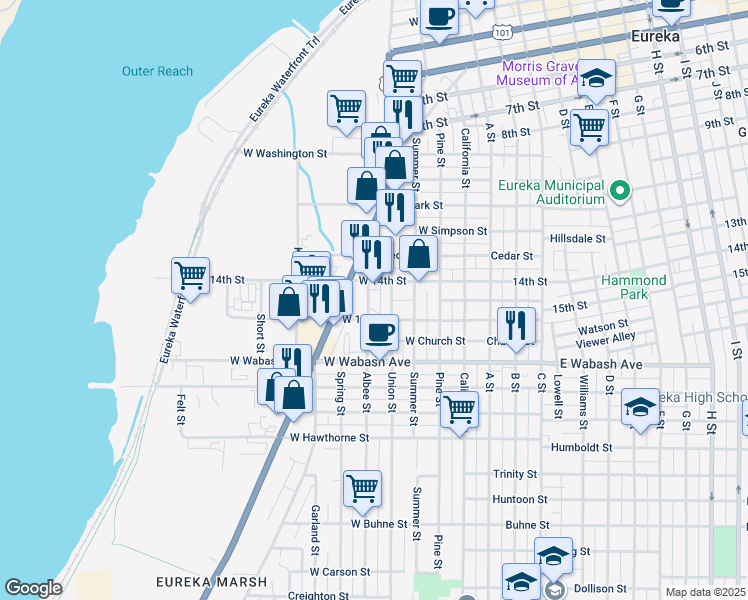 map of restaurants, bars, coffee shops, grocery stores, and more near 1407 Albee Street in Eureka
