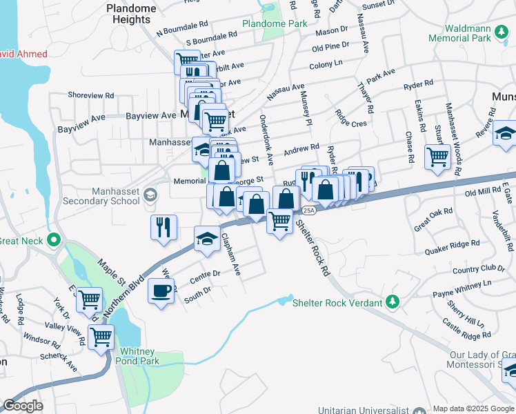 map of restaurants, bars, coffee shops, grocery stores, and more near 1355 Northern Boulevard in Manhasset