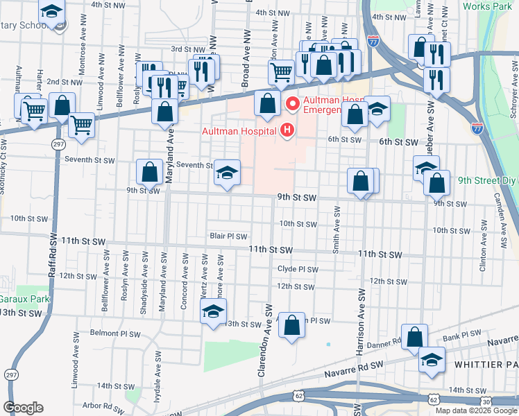 map of restaurants, bars, coffee shops, grocery stores, and more near 2700 9th Street Southwest in Canton