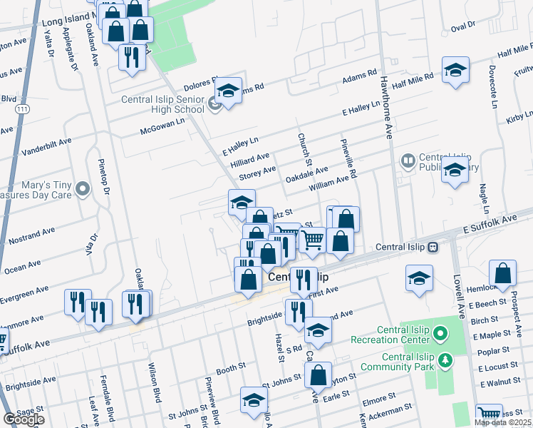 map of restaurants, bars, coffee shops, grocery stores, and more near 2 Rose Street in Central Islip