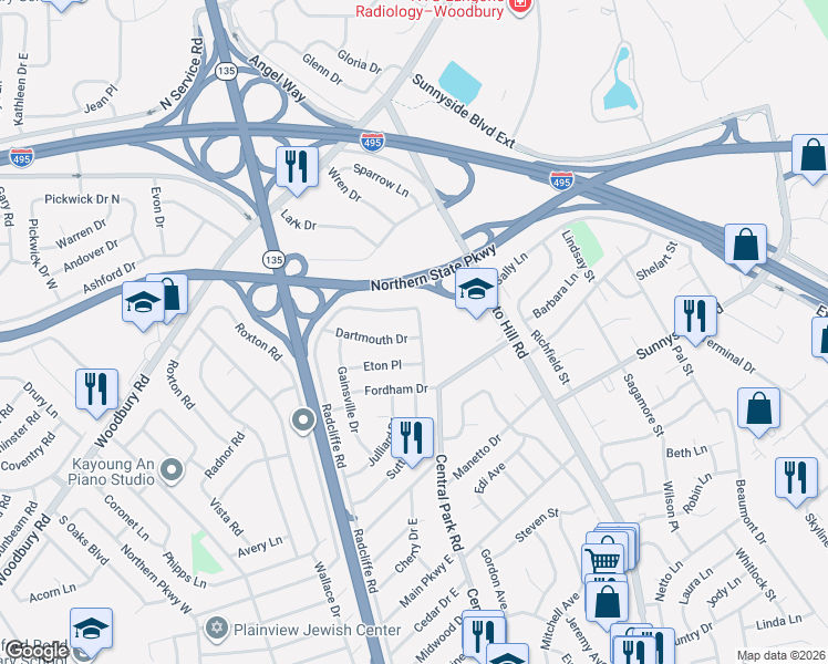 map of restaurants, bars, coffee shops, grocery stores, and more near 80 Radcliffe Road in Plainview