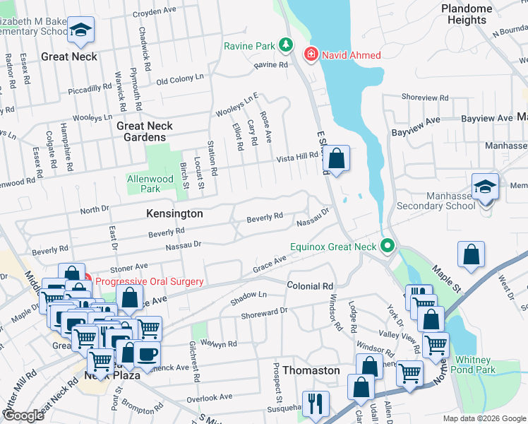 map of restaurants, bars, coffee shops, grocery stores, and more near 76 Arleigh Road in Great Neck