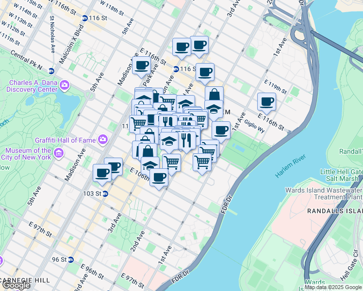 map of restaurants, bars, coffee shops, grocery stores, and more near 236 East 111th Street in New York