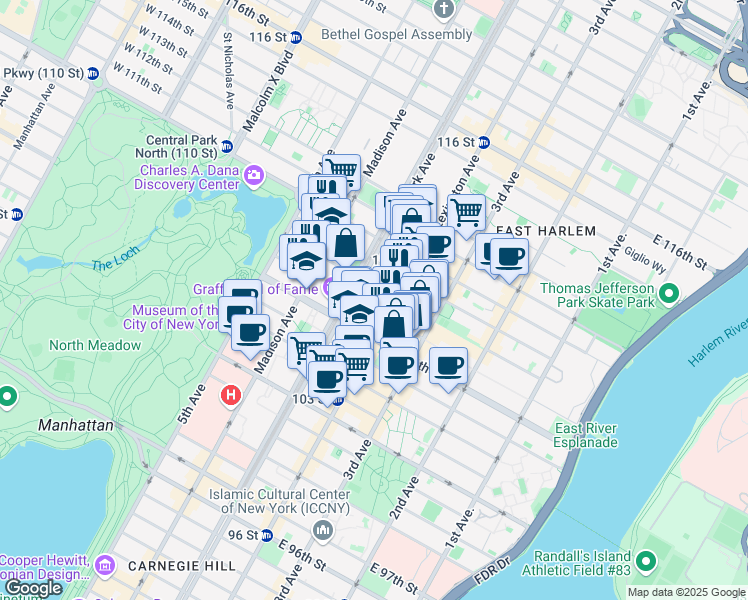 map of restaurants, bars, coffee shops, grocery stores, and more near 127 East 107th Street in New York