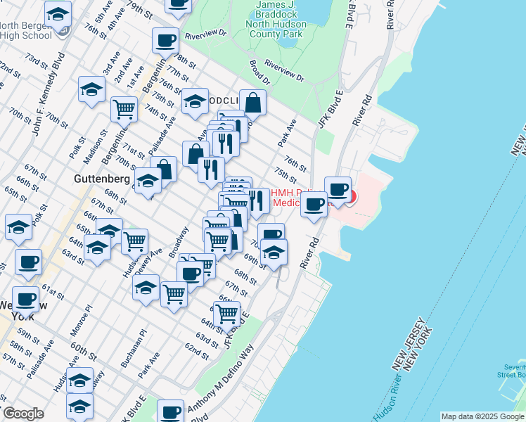 map of restaurants, bars, coffee shops, grocery stores, and more near 7301 Boulevard East in North Bergen