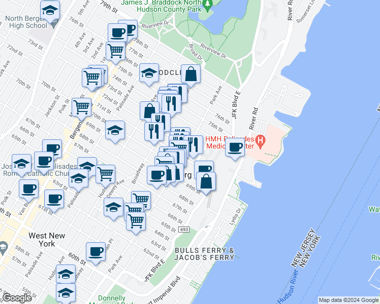 map of restaurants, bars, coffee shops, grocery stores, and more near 7203 Park Avenue in North Bergen