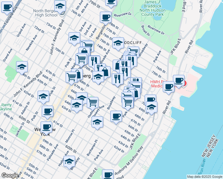 map of restaurants, bars, coffee shops, grocery stores, and more near 233 70th Street in Guttenberg