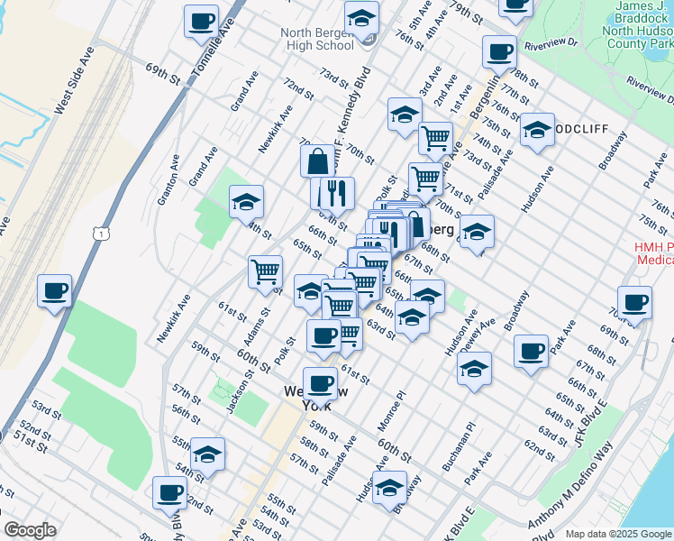 map of restaurants, bars, coffee shops, grocery stores, and more near 6518 Polk Street in West New York