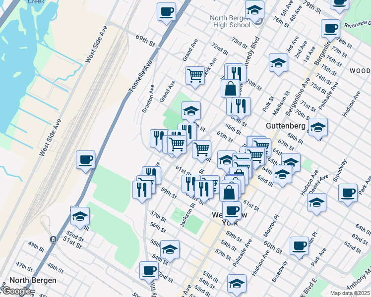 map of restaurants, bars, coffee shops, grocery stores, and more near 1221 63rd Street in North Bergen