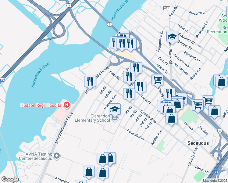 map of restaurants, bars, coffee shops, grocery stores, and more near 347 Centre Avenue in Secaucus