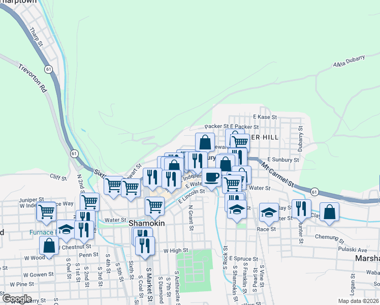 map of restaurants, bars, coffee shops, grocery stores, and more near East Dewart Street in Shamokin