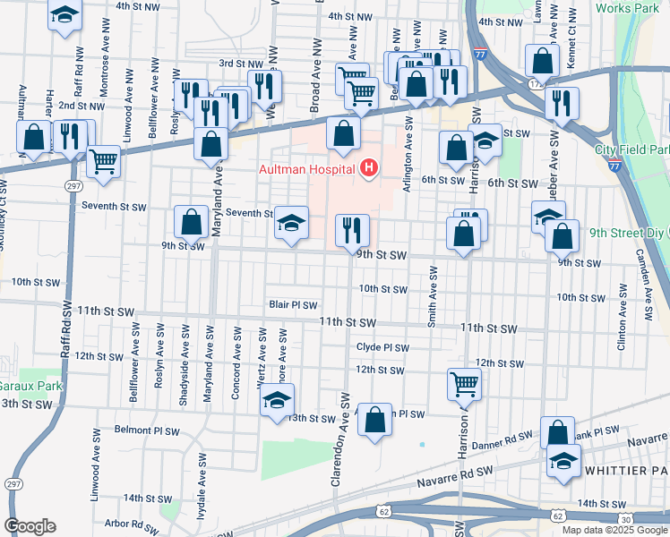 map of restaurants, bars, coffee shops, grocery stores, and more near 2700 9th Street Southwest in Canton