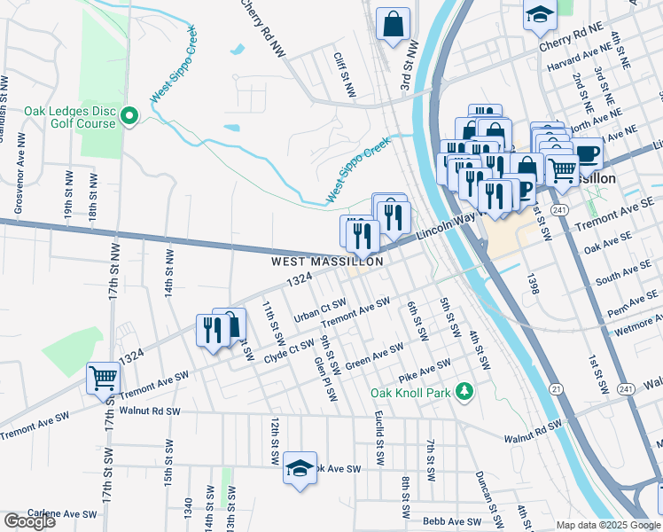 map of restaurants, bars, coffee shops, grocery stores, and more near 806 Lincoln Way West in Massillon