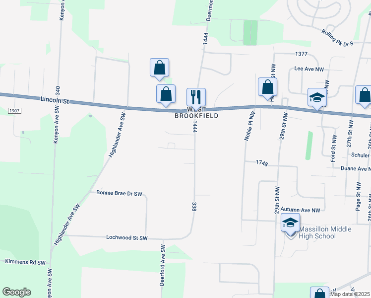 map of restaurants, bars, coffee shops, grocery stores, and more near 731 32nd Street Northwest in Massillon