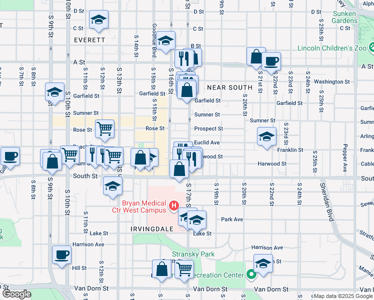 map of restaurants, bars, coffee shops, grocery stores, and more near 1633 Euclid Avenue in Lincoln