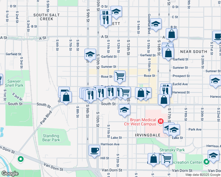map of restaurants, bars, coffee shops, grocery stores, and more near 1120 Peach Street in Lincoln