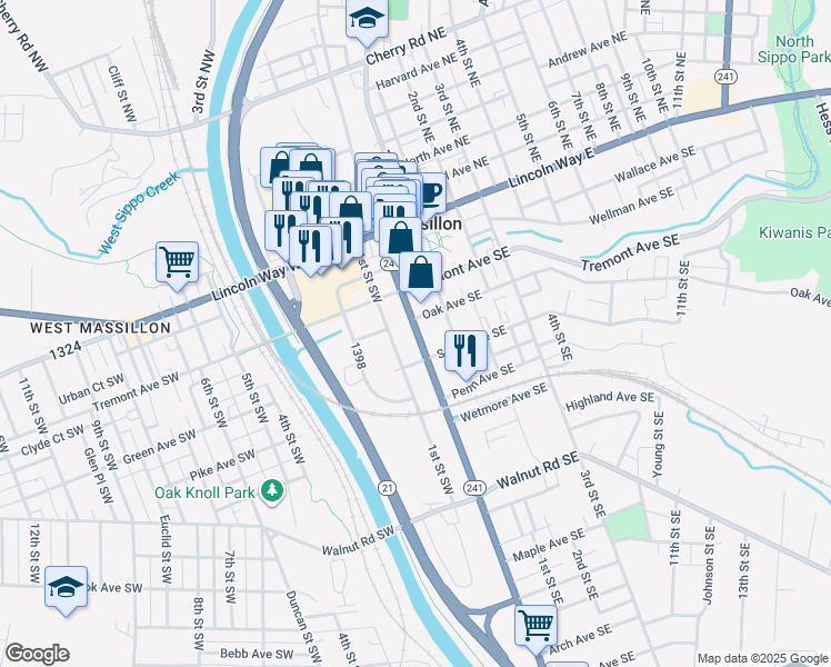 map of restaurants, bars, coffee shops, grocery stores, and more near in Massillon