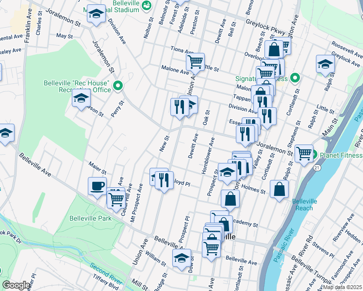 map of restaurants, bars, coffee shops, grocery stores, and more near 295 Union Avenue in Belleville