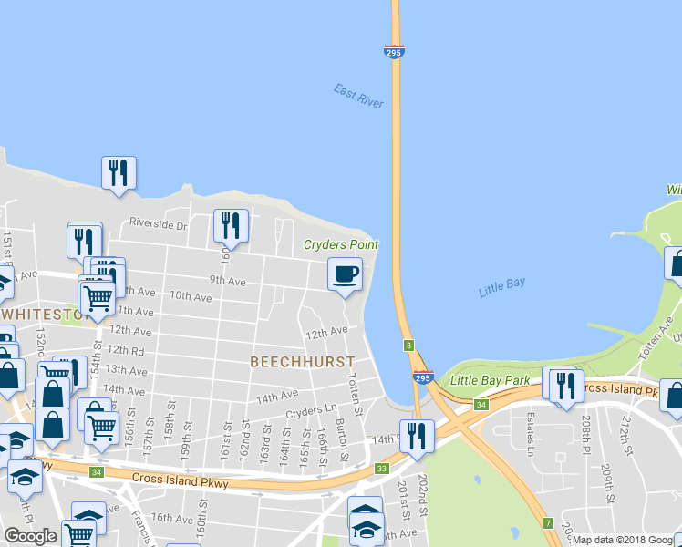 map of restaurants, bars, coffee shops, grocery stores, and more near 167-11 Powells Cove Boulevard in Queens