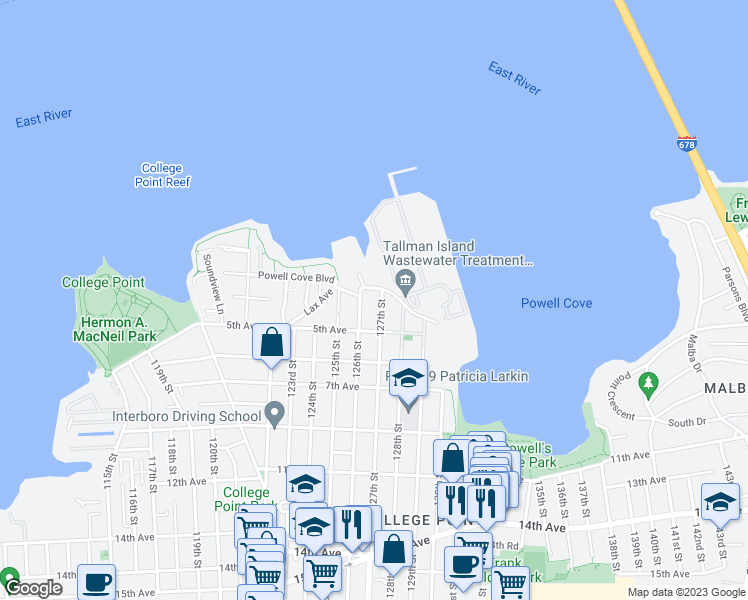 map of restaurants, bars, coffee shops, grocery stores, and more near 3-12 127th Street in Queens